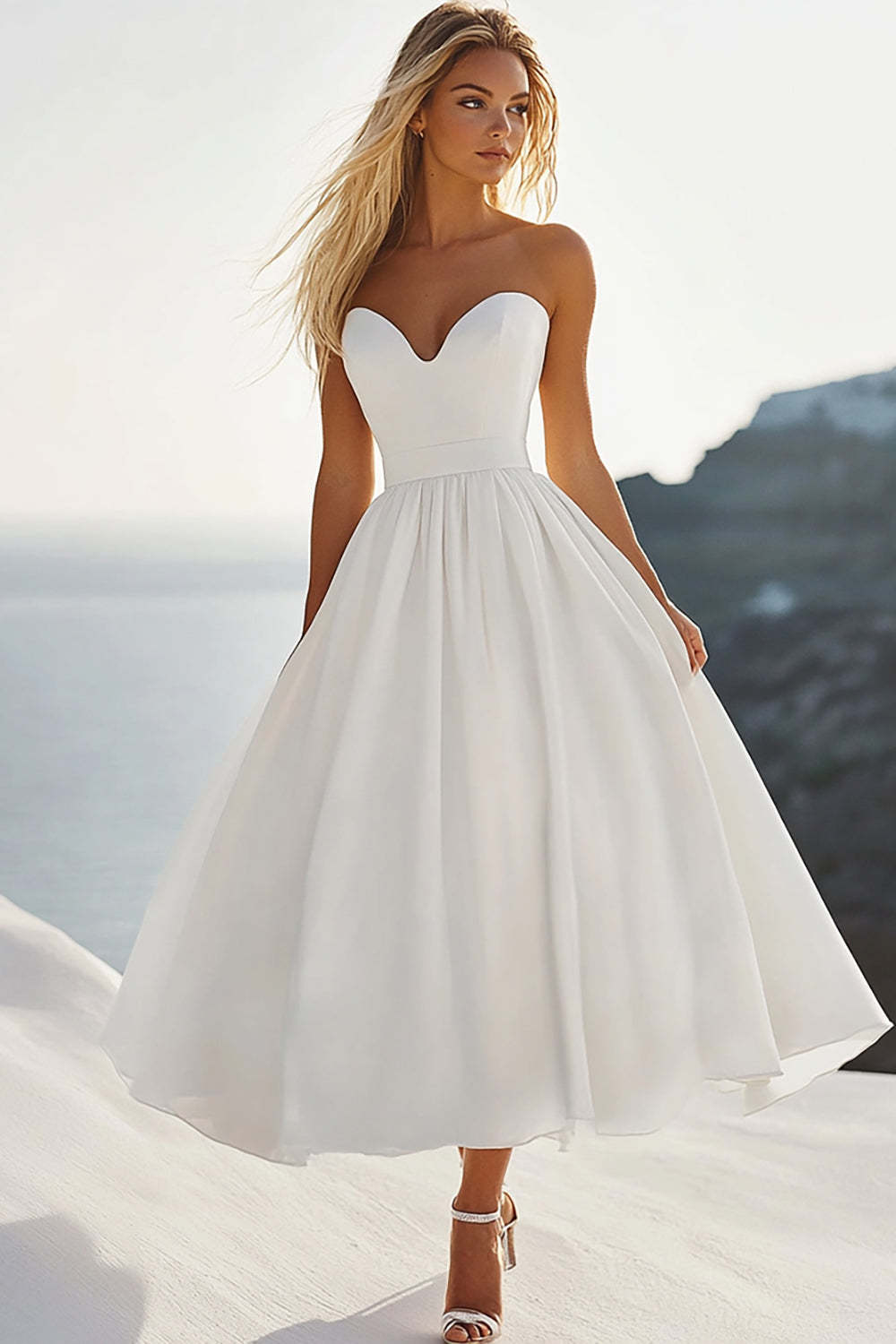 Leely Women White Chiffon A Line Graduation Dress Sweetheart Strapless Tea Length Little White Dress