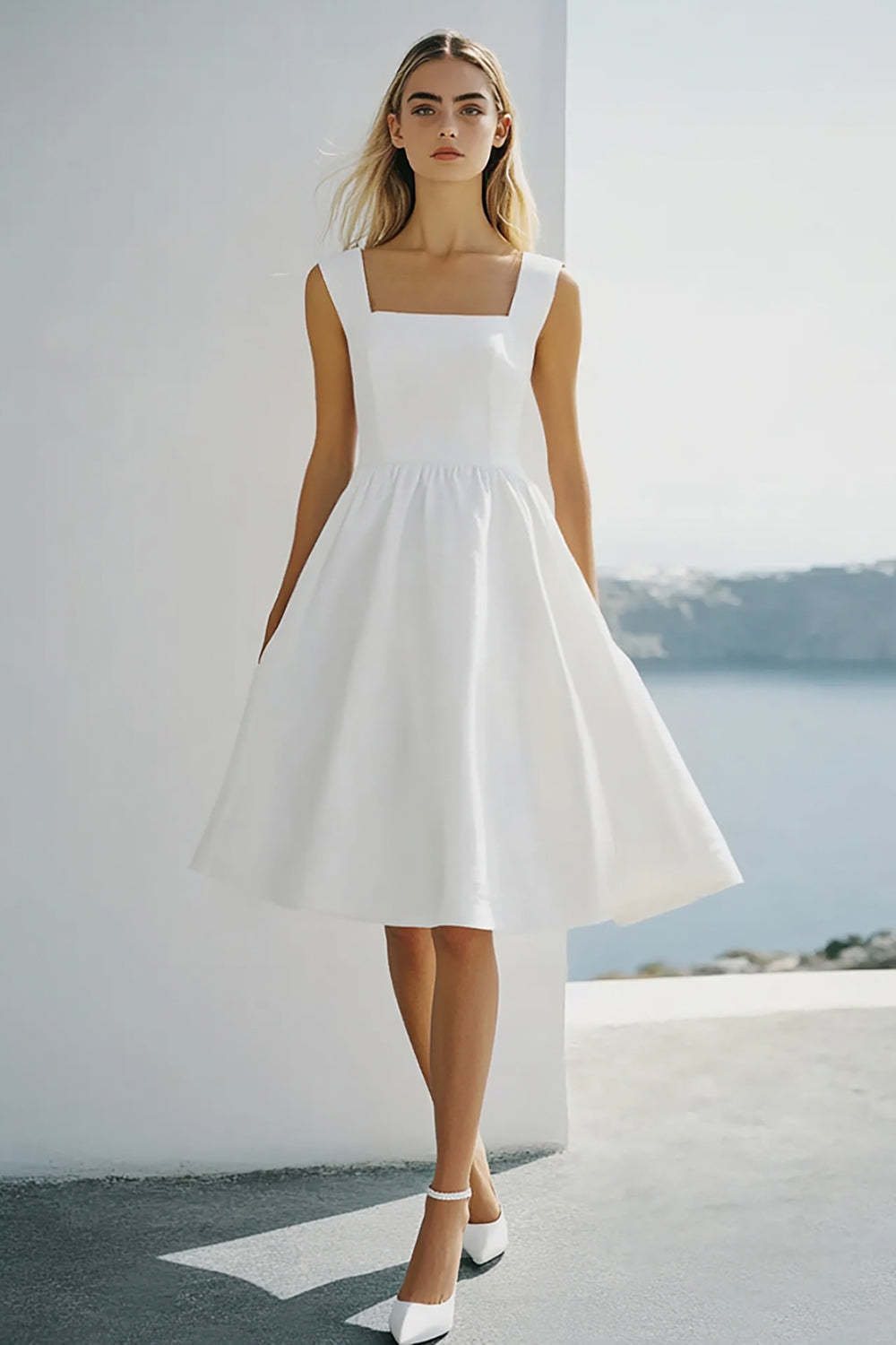 Leely Women White Chiffon A Line Graduation Dress Square Neck Spaghetti Straps Knee Length Little White Dress