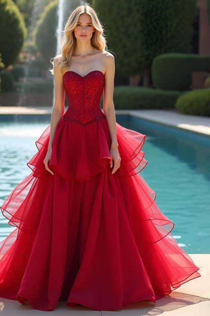 Leely Women Sweetheart A Line Red Tiered Prom Dress with Ruffles Strapless Maxi Formal Dress