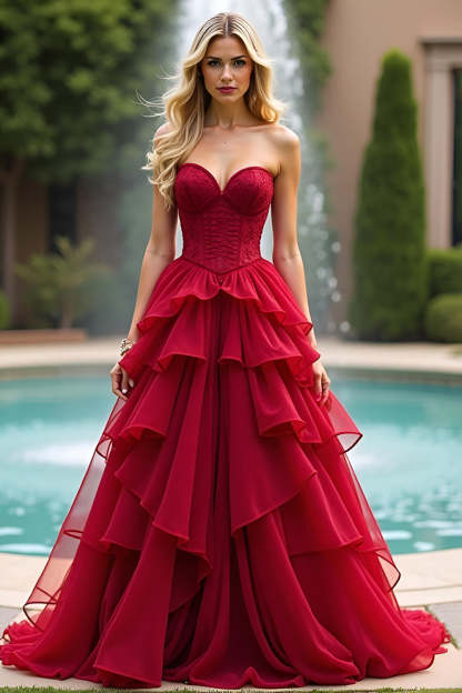 Leely Women Red Tiered Sweetheart Corset A Line Prom Dress with Ruffles Strapless Backless Long Formal Dress