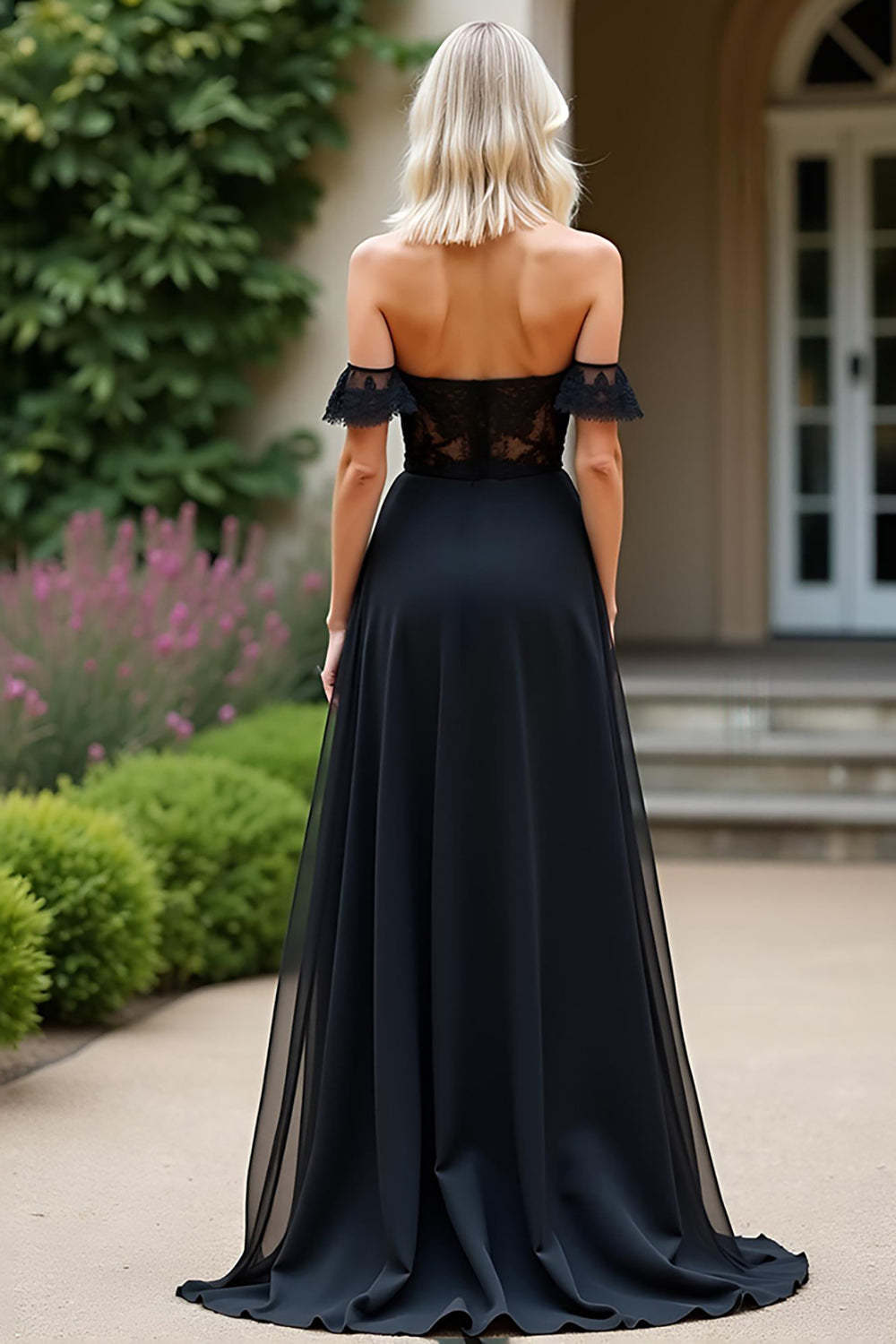 Black A Line Off the Shoulder Corset Lace Prom Dress with Slit