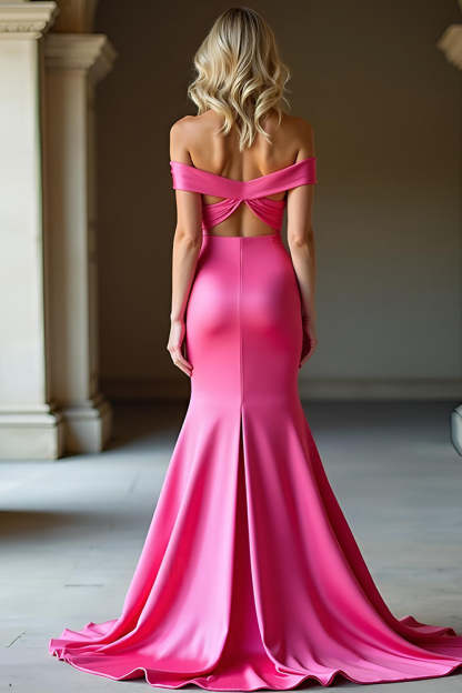 Fuchsia Mermaid Off the Shoulder Floor Length Prom Dress