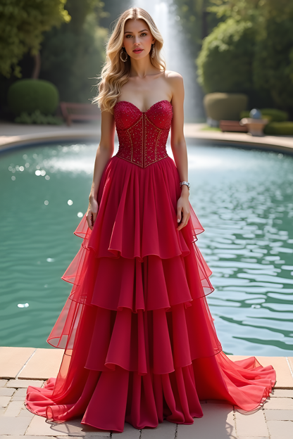 Leely Women Red A Line Corset Long Prom Dress Sweetheart Strapless Tiered Long Formal Dress