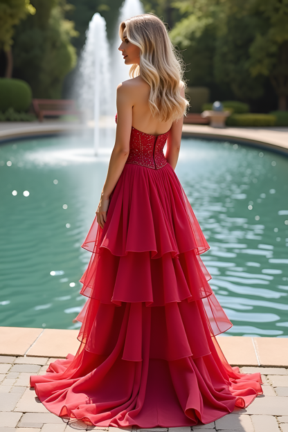 Sparkly Sweetheart Corset Red A Line Tiered Long Prom Dress