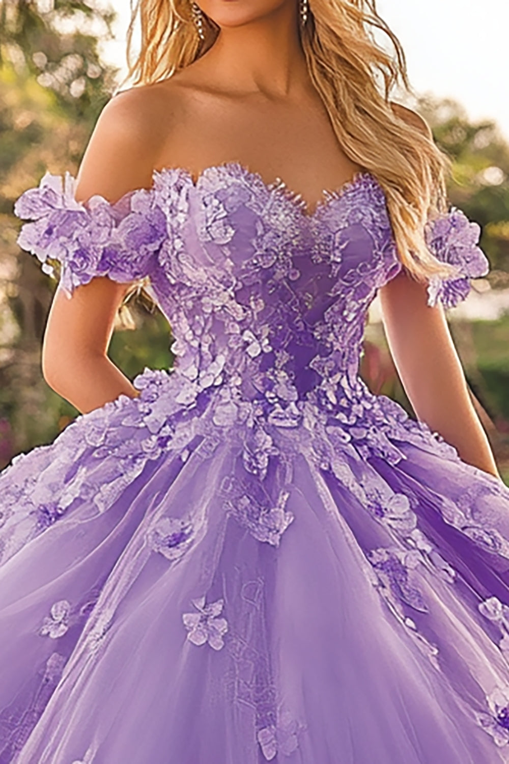Plum Floral Ball Gown Off The Shoulder Tulle Quinceanera Dress with Appliques