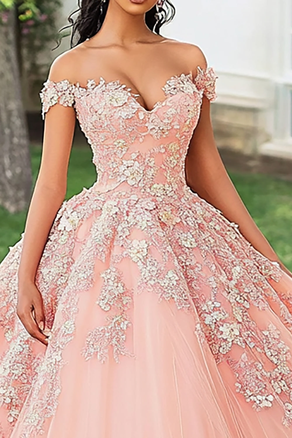 Blush Ball Gown Appliqued Off The Shoulder Maxi Quinceanera Dress