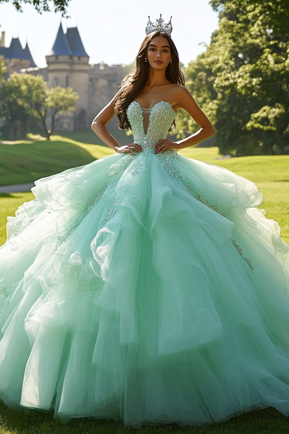 Sparkly Mint Sweetheart Ruffled Quinceanera Dress with Sequins