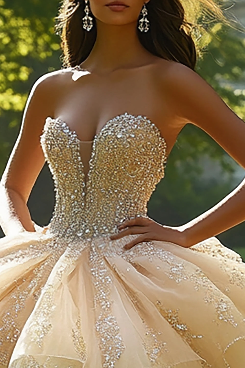 Sparkly Champagne Ball Gown Tulle Ruffled Quinceanera Dress