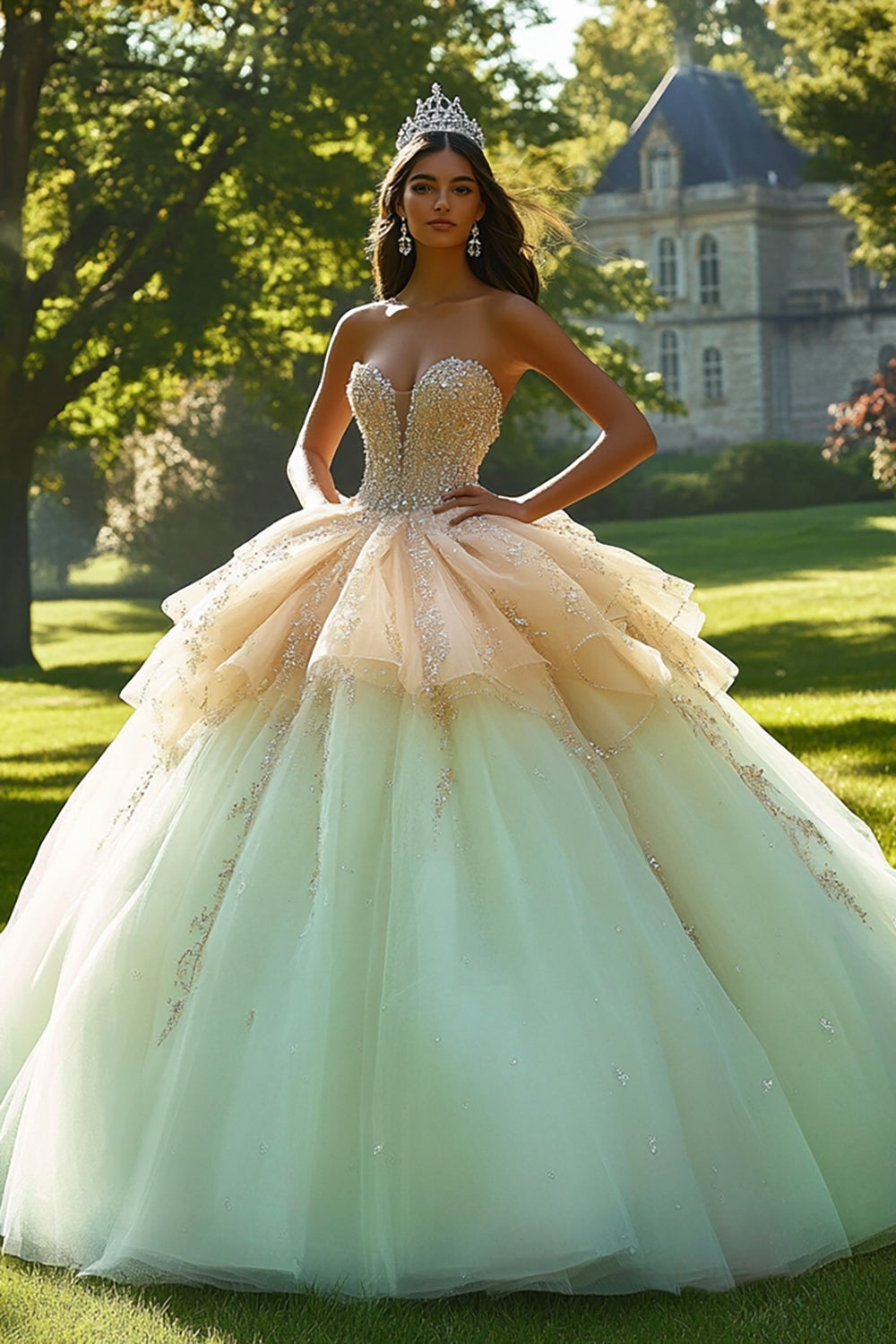Sparkly Champagne Ball Gown Tulle Ruffled Quinceanera Dress