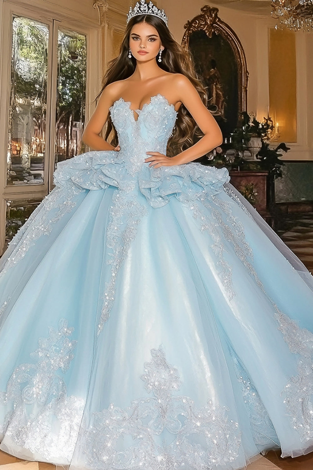 Sky Blue Ball Gown Strapless Ruffled Tulle Quinceanera Dress with Appliques