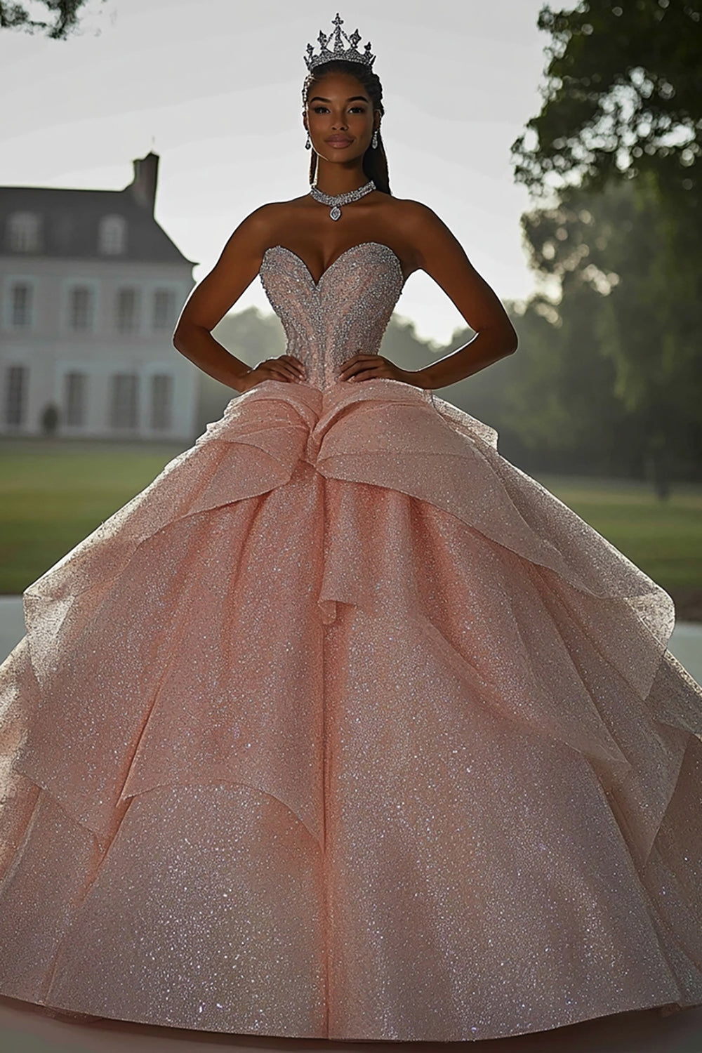 Glitter Pink Ball Gown Sweetheart Sequined Quinceanera Dress