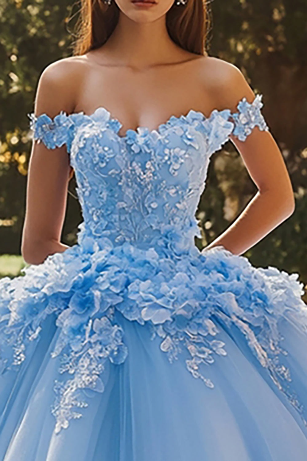 Sky Blue Ball Gown Off the Shoulder Tulle 3D Flowers Quinceanera Dress