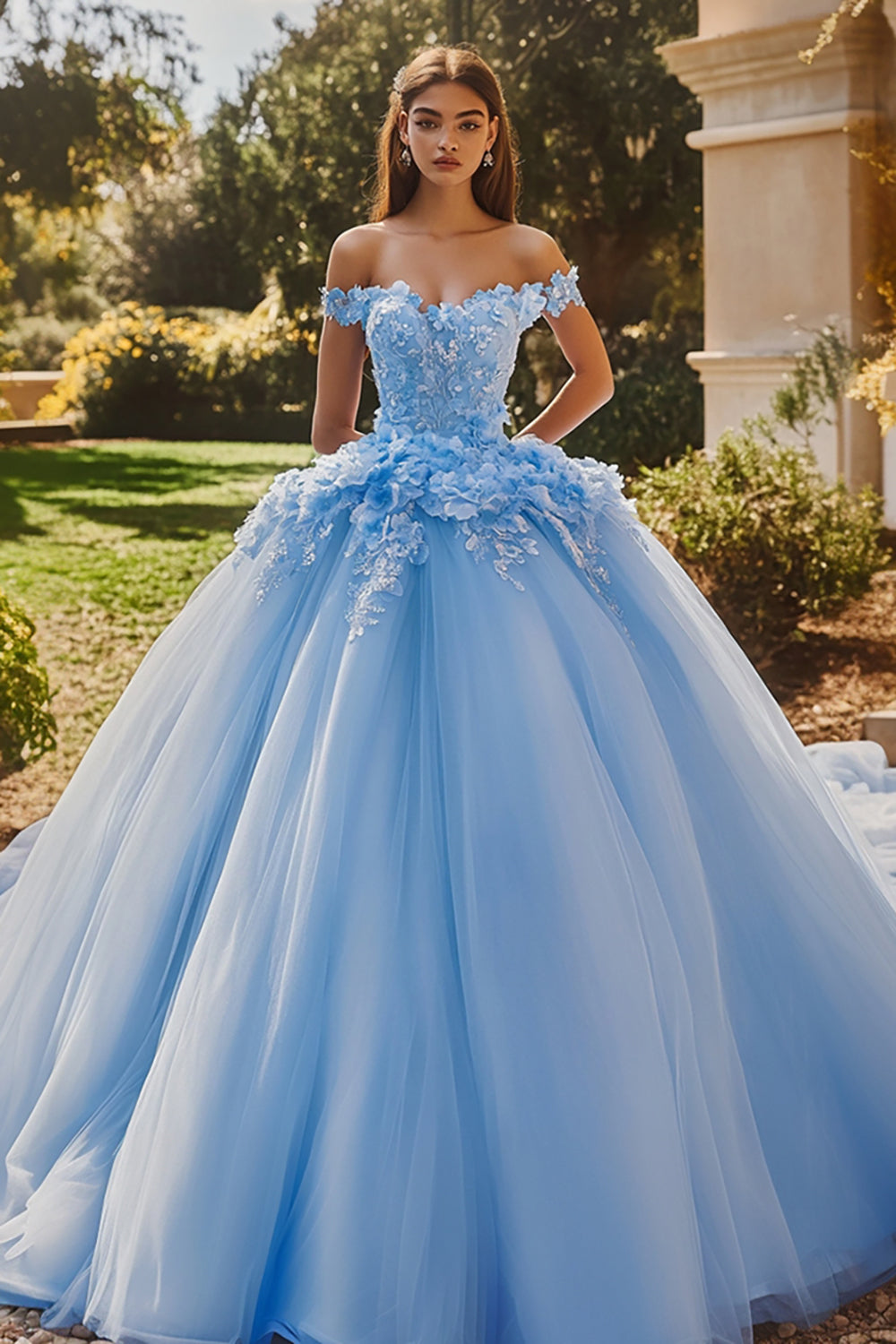 Sky Blue Ball Gown Off the Shoulder Tulle 3D Flowers Quinceanera Dress