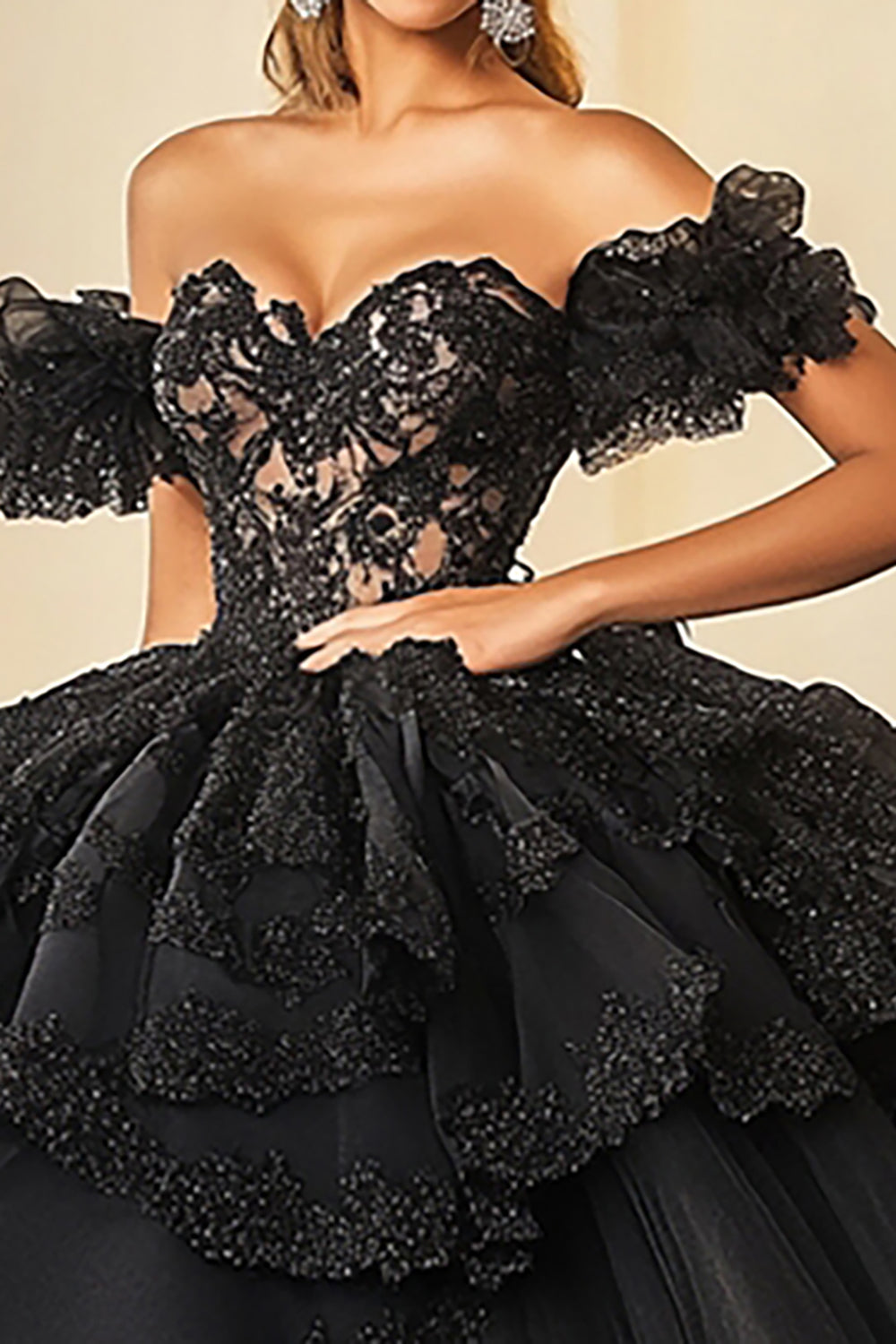 Princess Black Ball Gown Off the Shoulder Lace Ruffled Tulle Quinceanera Dress