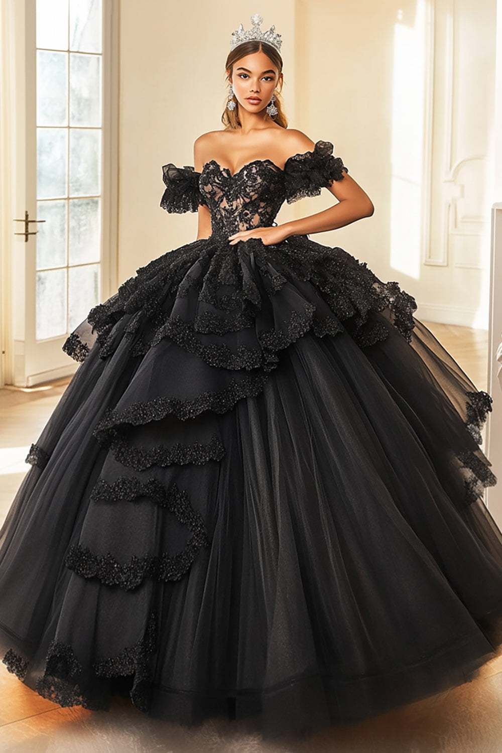 Princess Black Ball Gown Off the Shoulder Lace Ruffled Tulle Quinceanera Dress