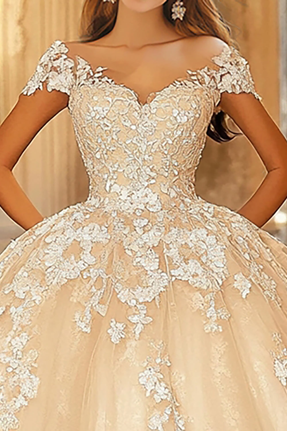 Champagne Ball Gown Cap Sleeves Appliqued Maxi Quinceanera Dress