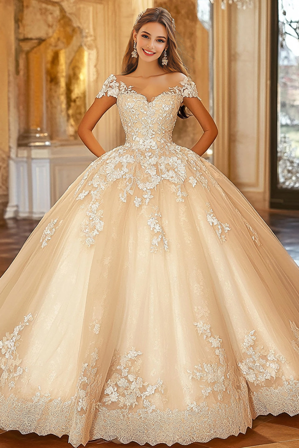 Champagne Ball Gown Cap Sleeves Appliqued Maxi Quinceanera Dress