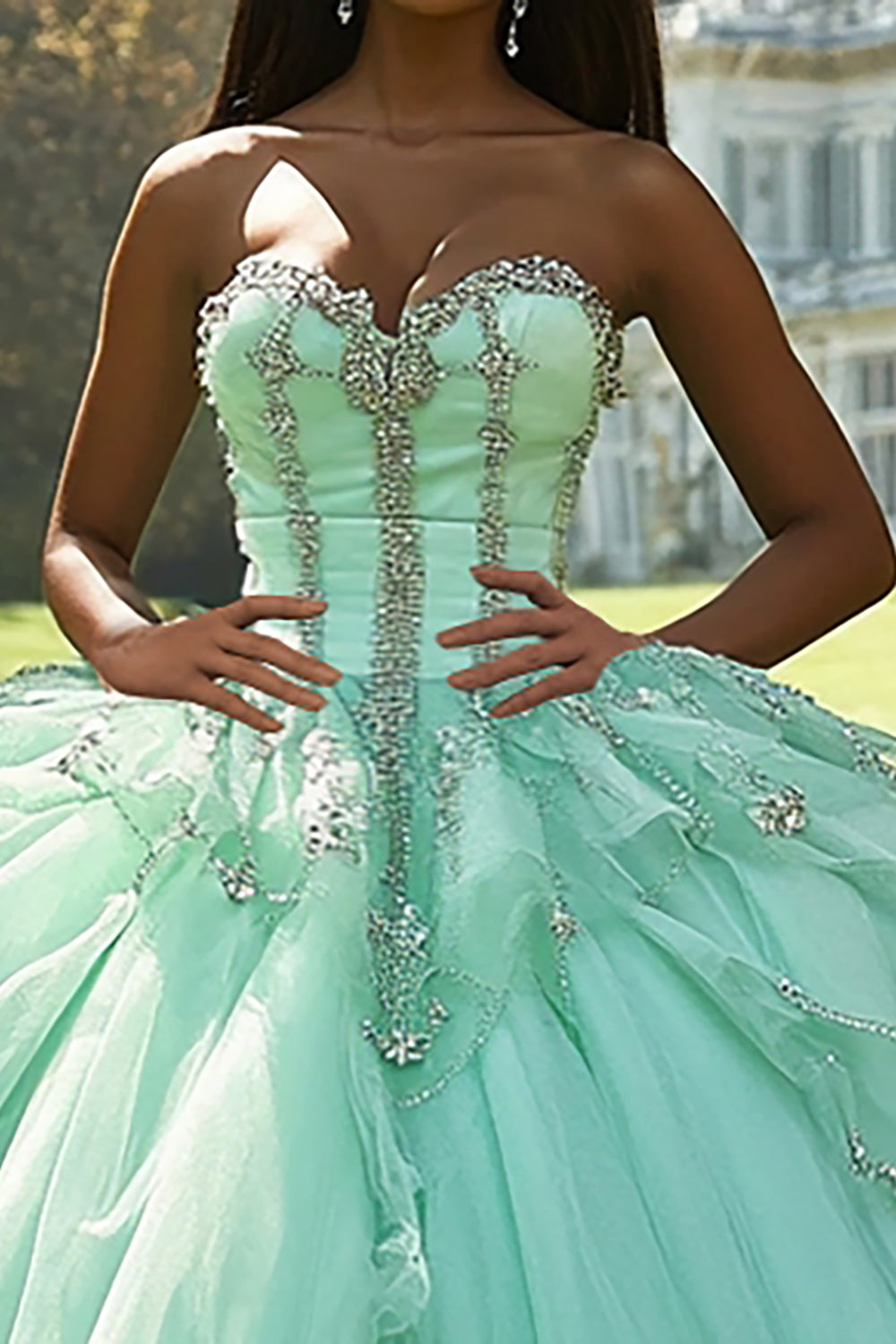 Mint Ball Gown Strapless Tulle Long Quinceanera Dress