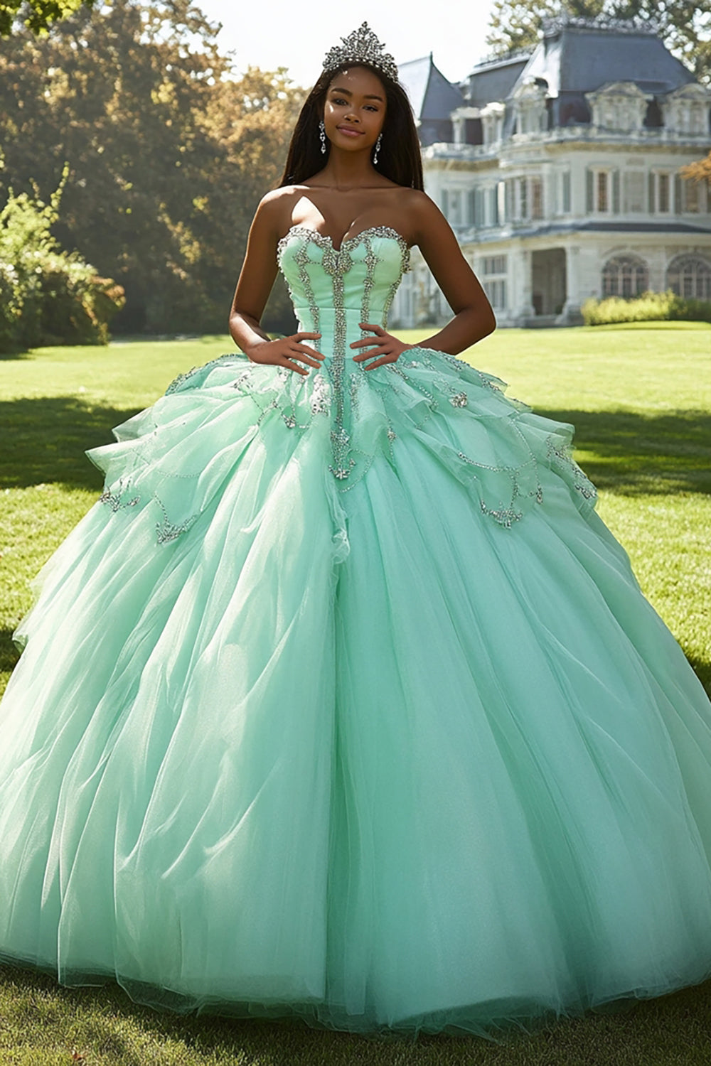 Mint Ball Gown Strapless Tulle Long Quinceanera Dress