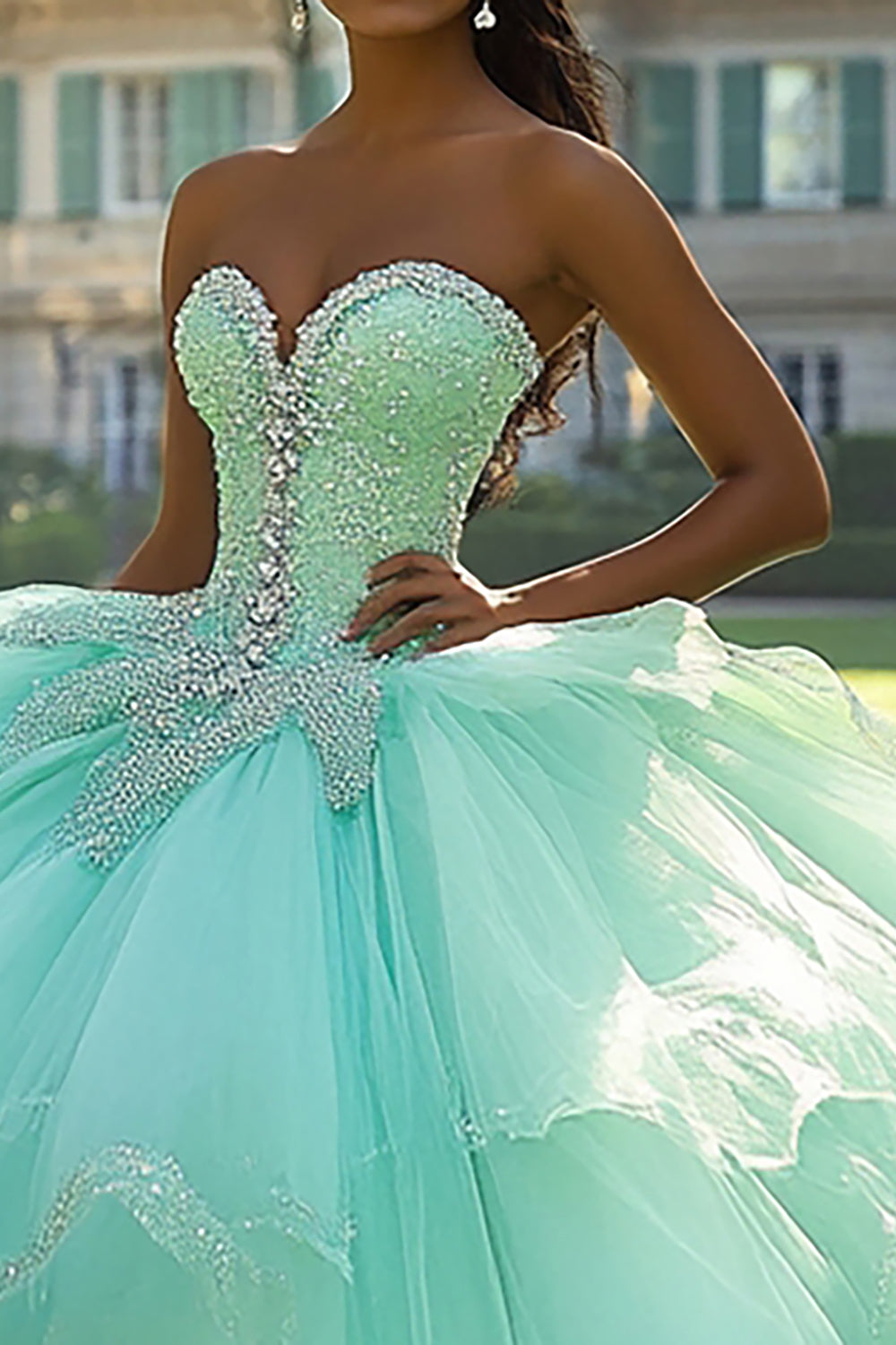 Mint Ball Gown Strapless Ruffled Maxi Tulle Quinceanera Dress