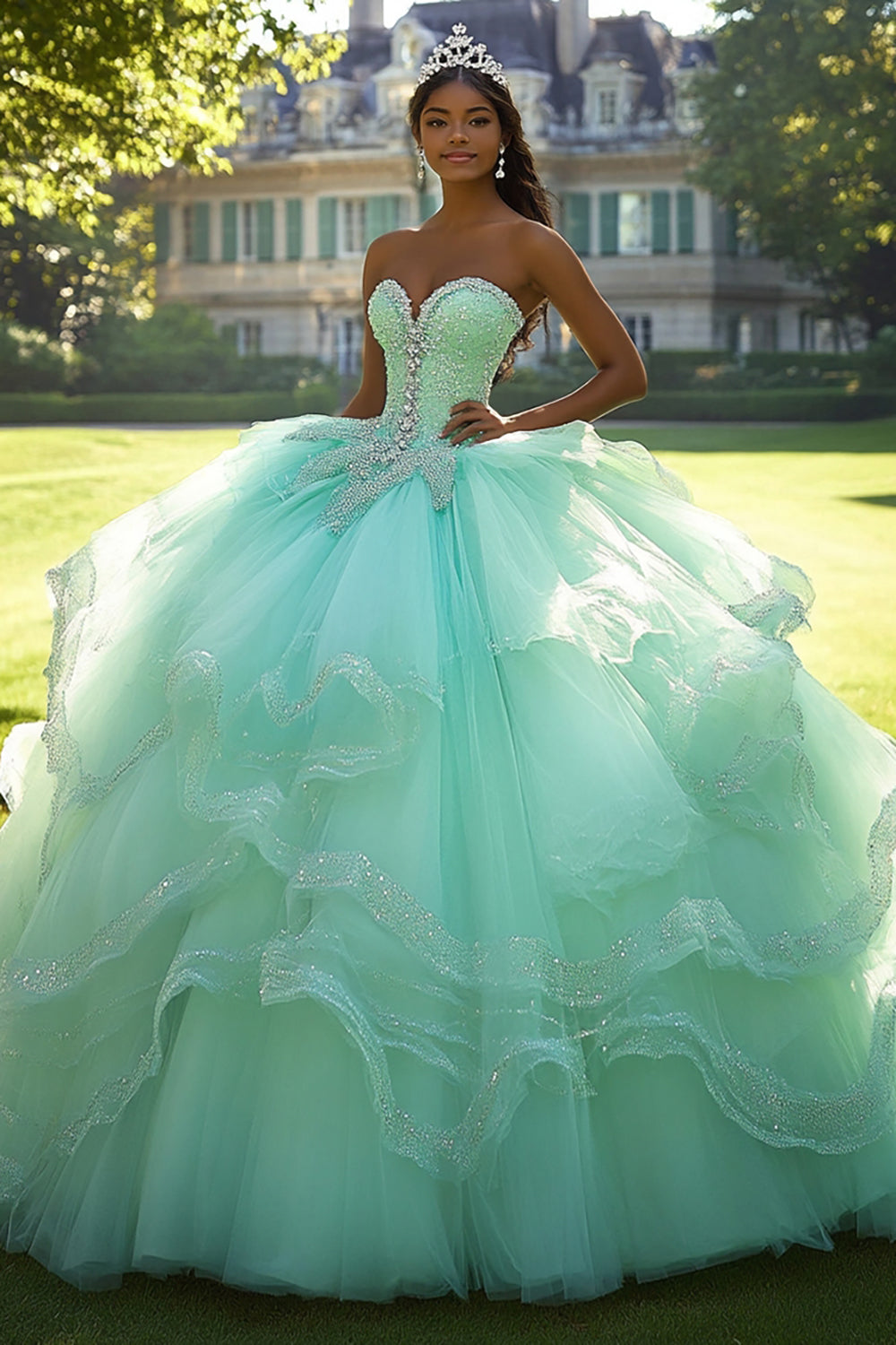 Mint Ball Gown Strapless Ruffled Maxi Tulle Quinceanera Dress
