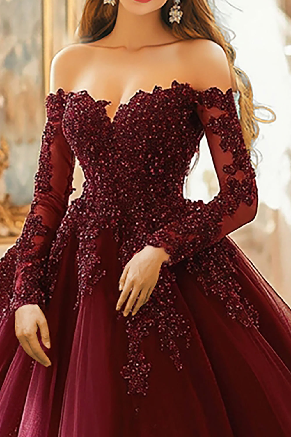 Burgundy Ball Gown Long Sleeves Appliqued Quinceanera Dress