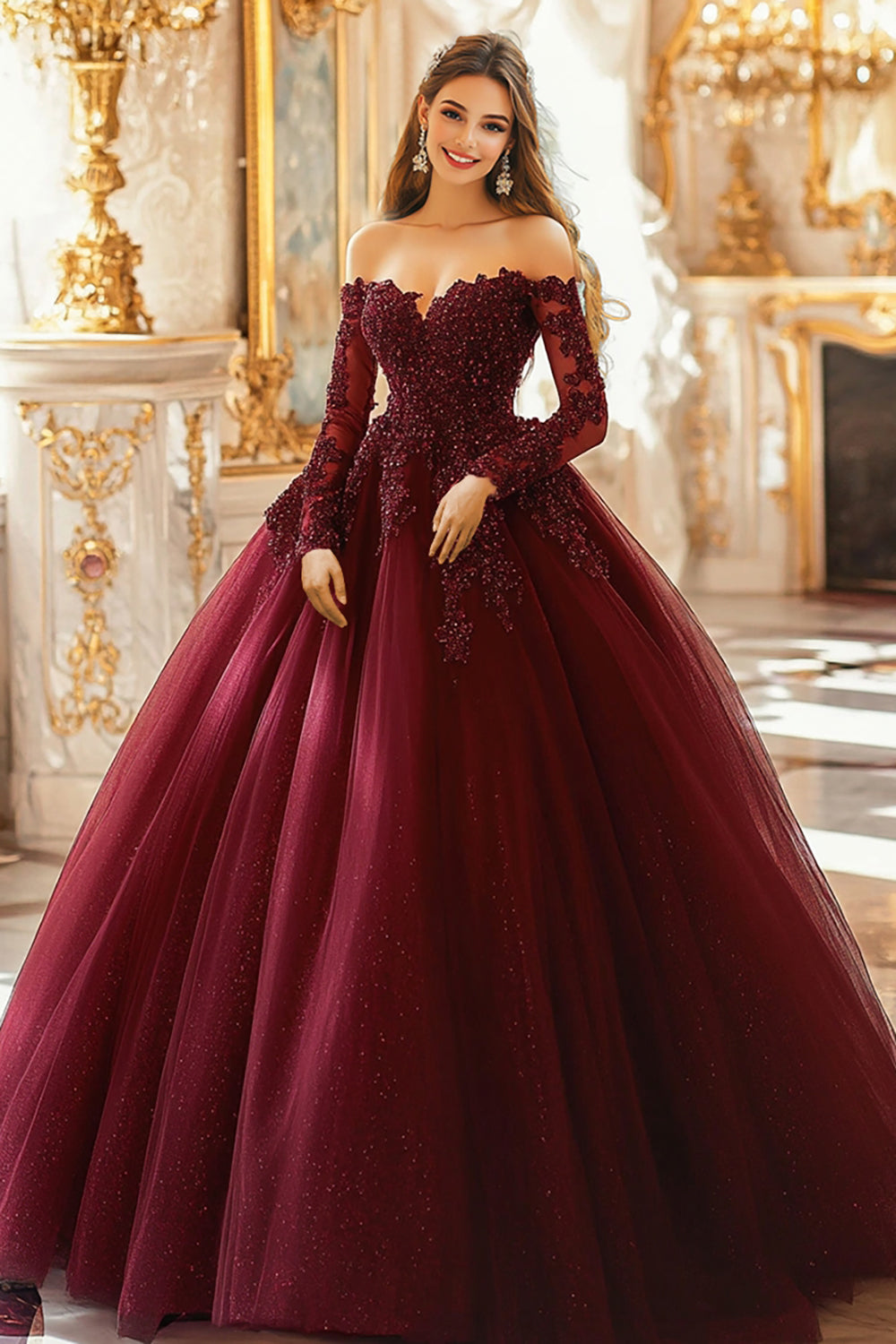 Burgundy Ball Gown Long Sleeves Appliqued Quinceanera Dress