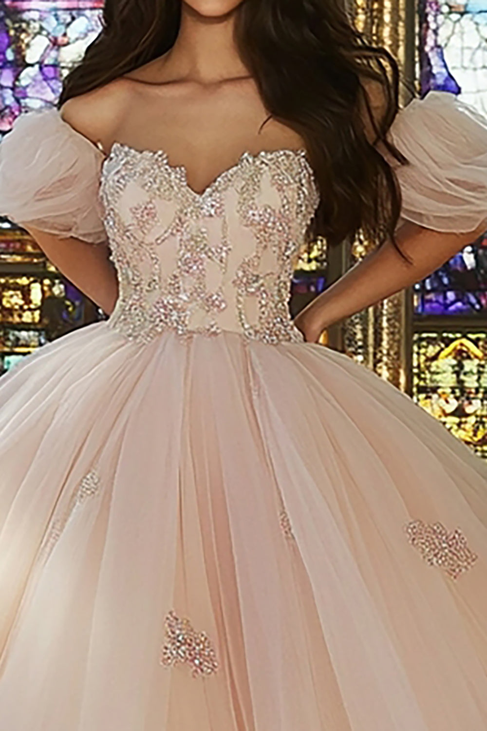 Pink Ball Gown Short Sleeves Appliqued Tulle Quinceanera Dress