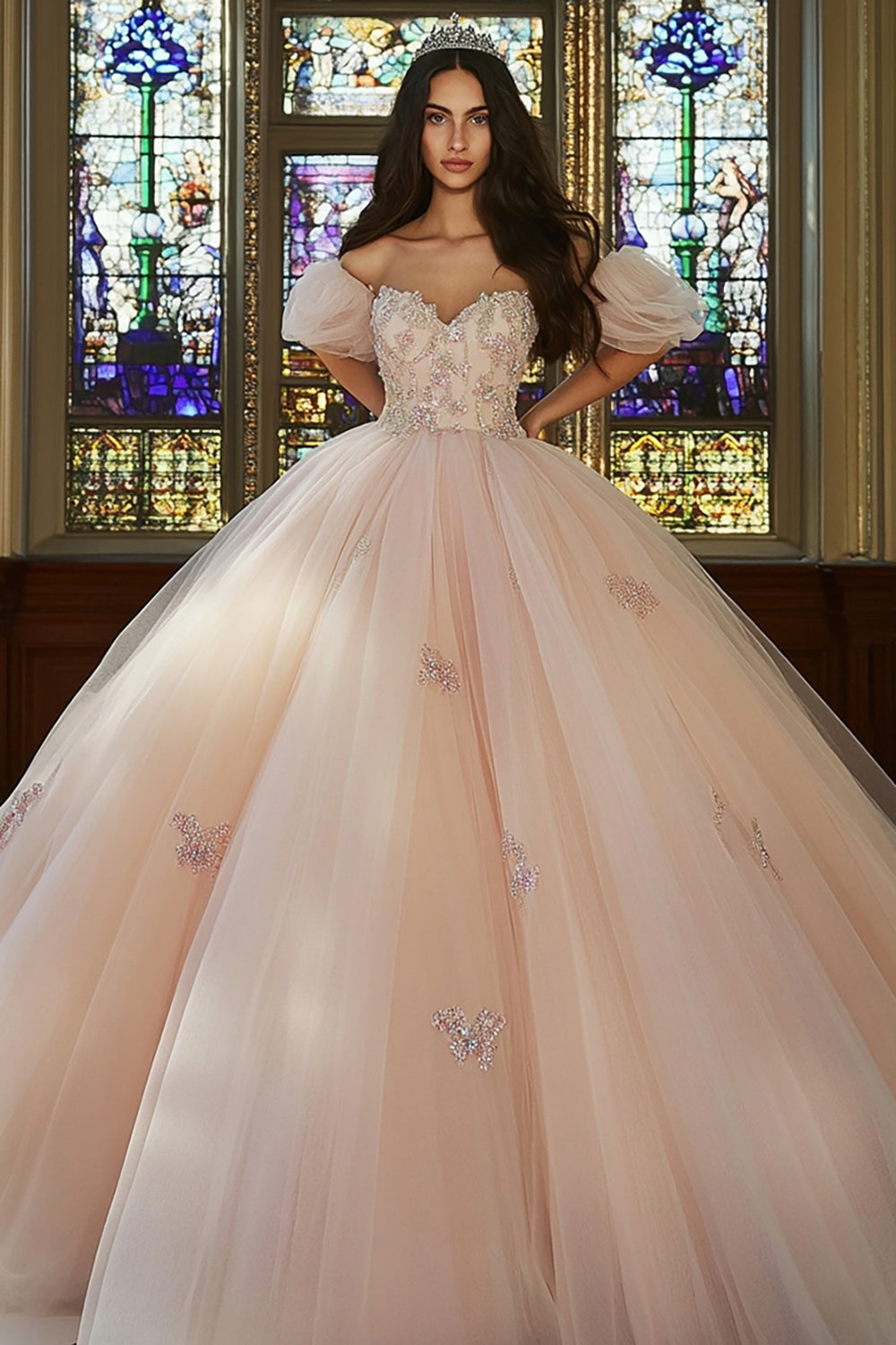 Pink Ball Gown Short Sleeves Appliqued Tulle Quinceanera Dress