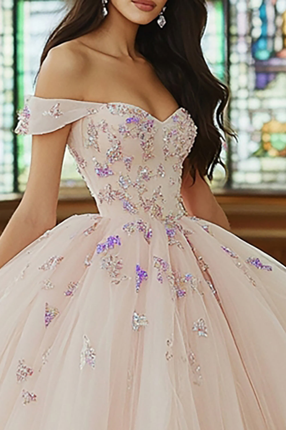 Pink Ball Gown Off The Shoulder Tulle Quinceanera Dress with Sequins