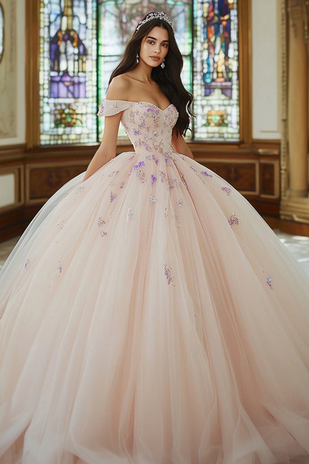 Pink Ball Gown Off The Shoulder Tulle Quinceanera Dress with Sequins
