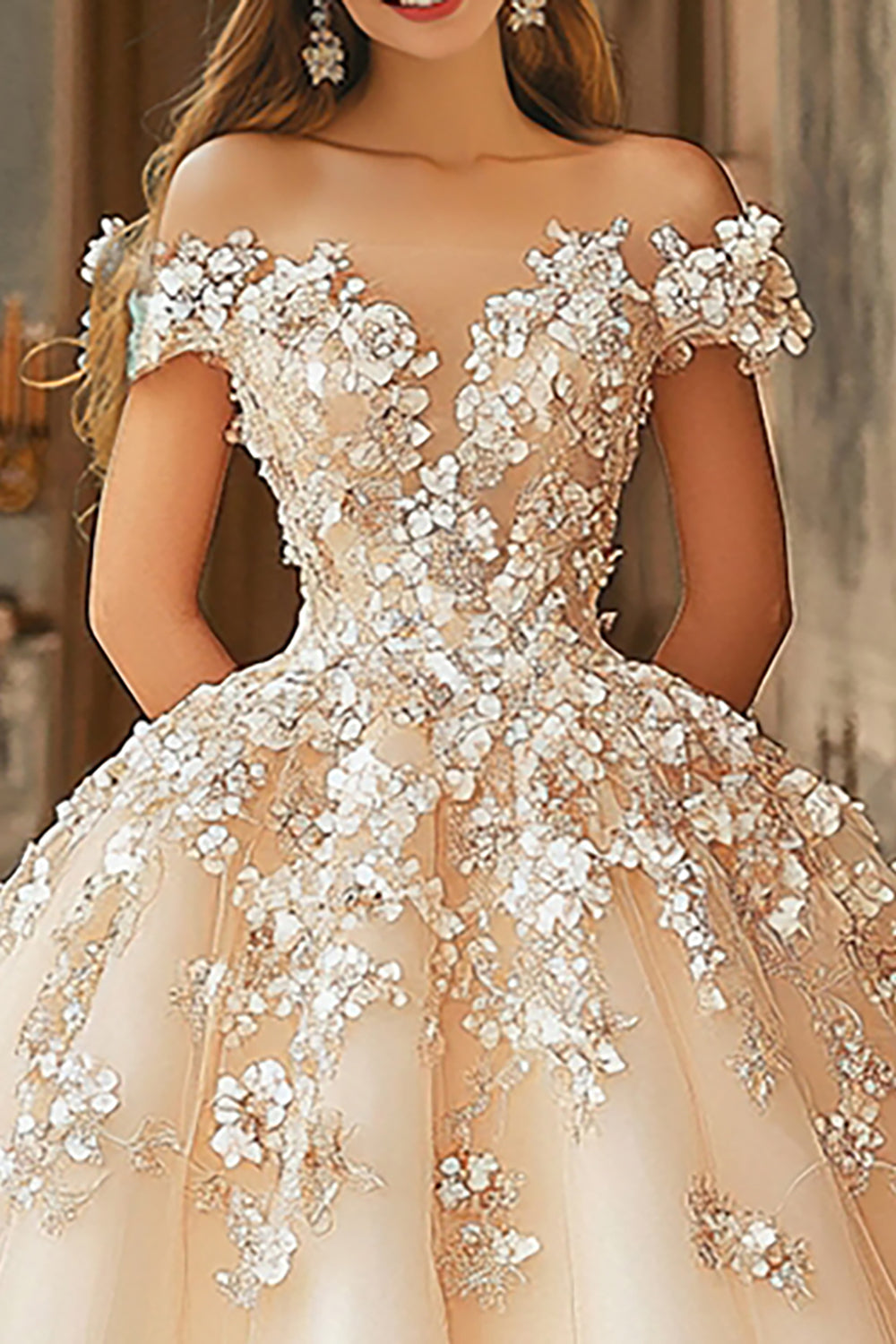 Champagne Off The Shoulder Appliqued Tulle Quinceanera Dress