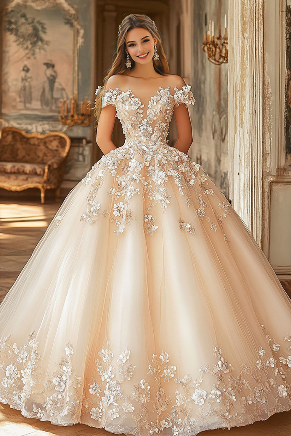 Champagne Off The Shoulder Appliqued Tulle Quinceanera Dress