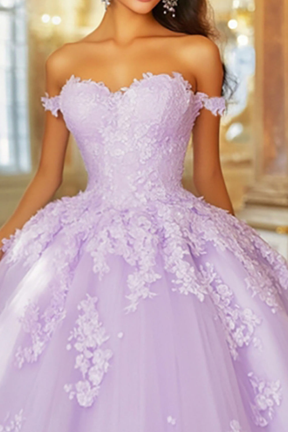 Lilac Ball Gown Off the Shoulder Sweetheart Appliqued Quinceanera Dress