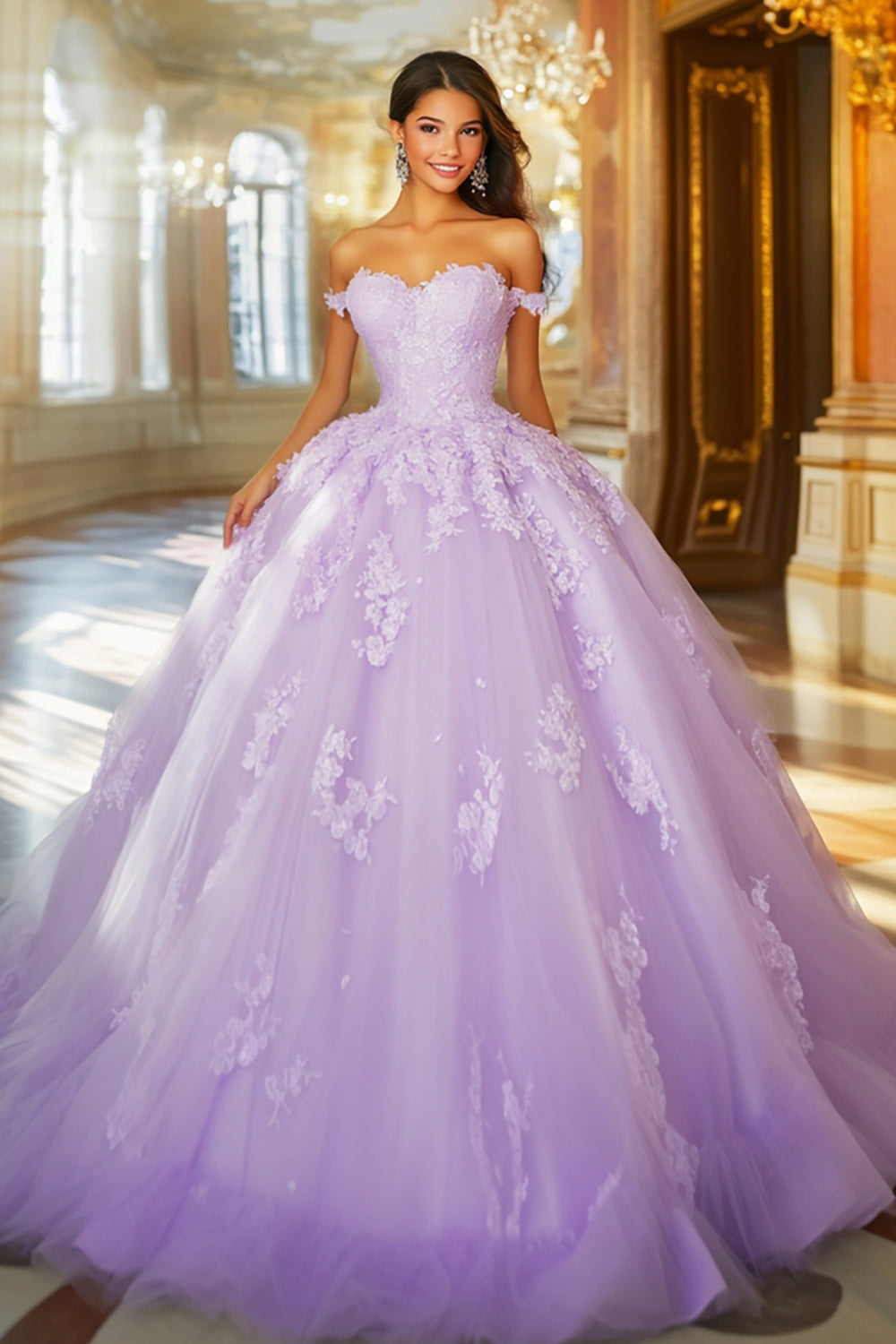 Lilac Ball Gown Off the Shoulder Sweetheart Appliqued Quinceanera Dress