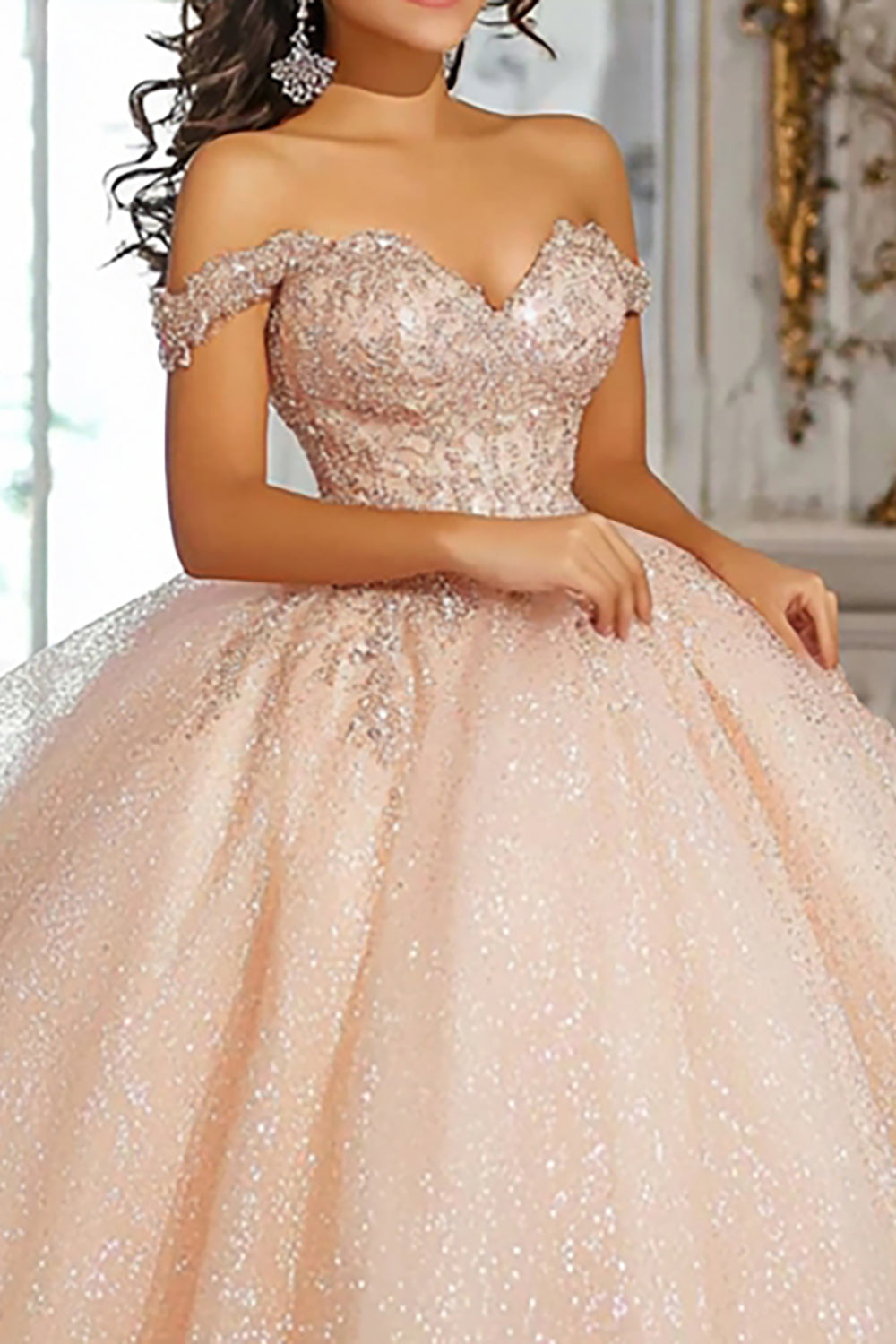 Glitter Champagne Off The Shoulder Appliqued Quinceanera Dress
