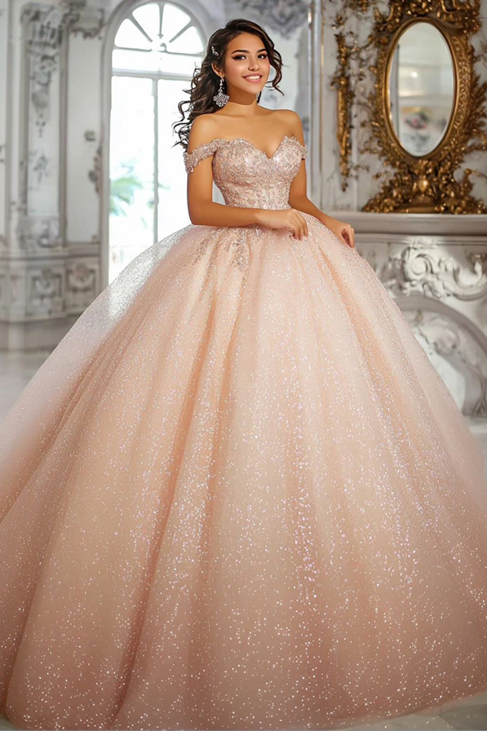 Glitter Champagne Off The Shoulder Appliqued Quinceanera Dress