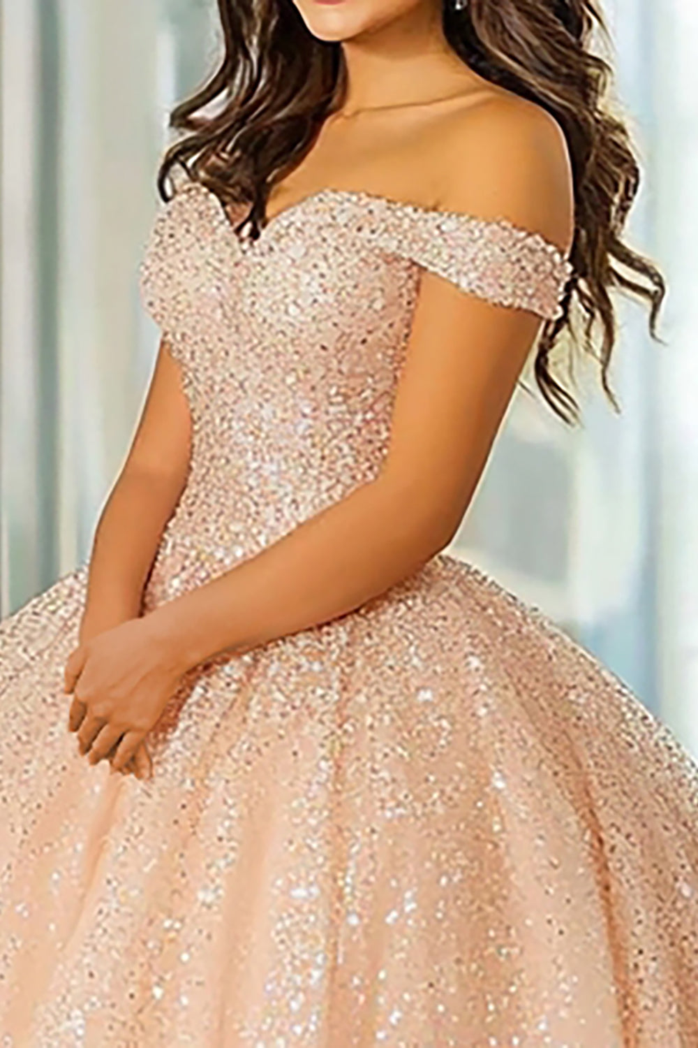 Glitter Ball Gown Champagne Sweetheart Sequined Quinceanera Dress
