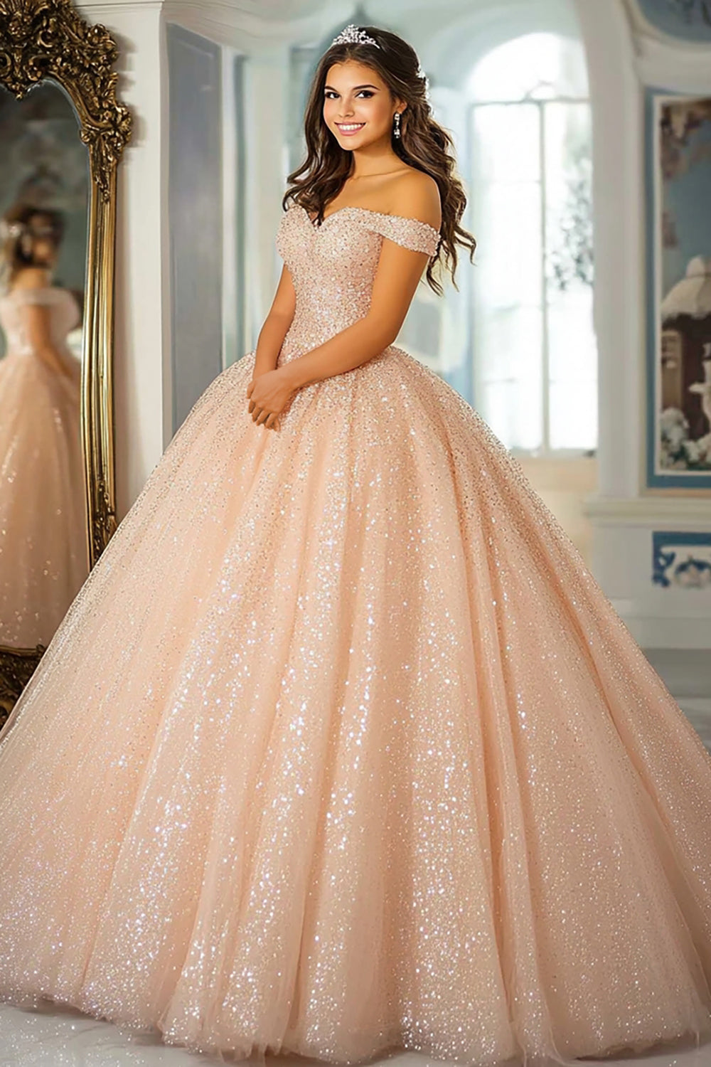 Glitter Ball Gown Champagne Sweetheart Sequined Quinceanera Dress