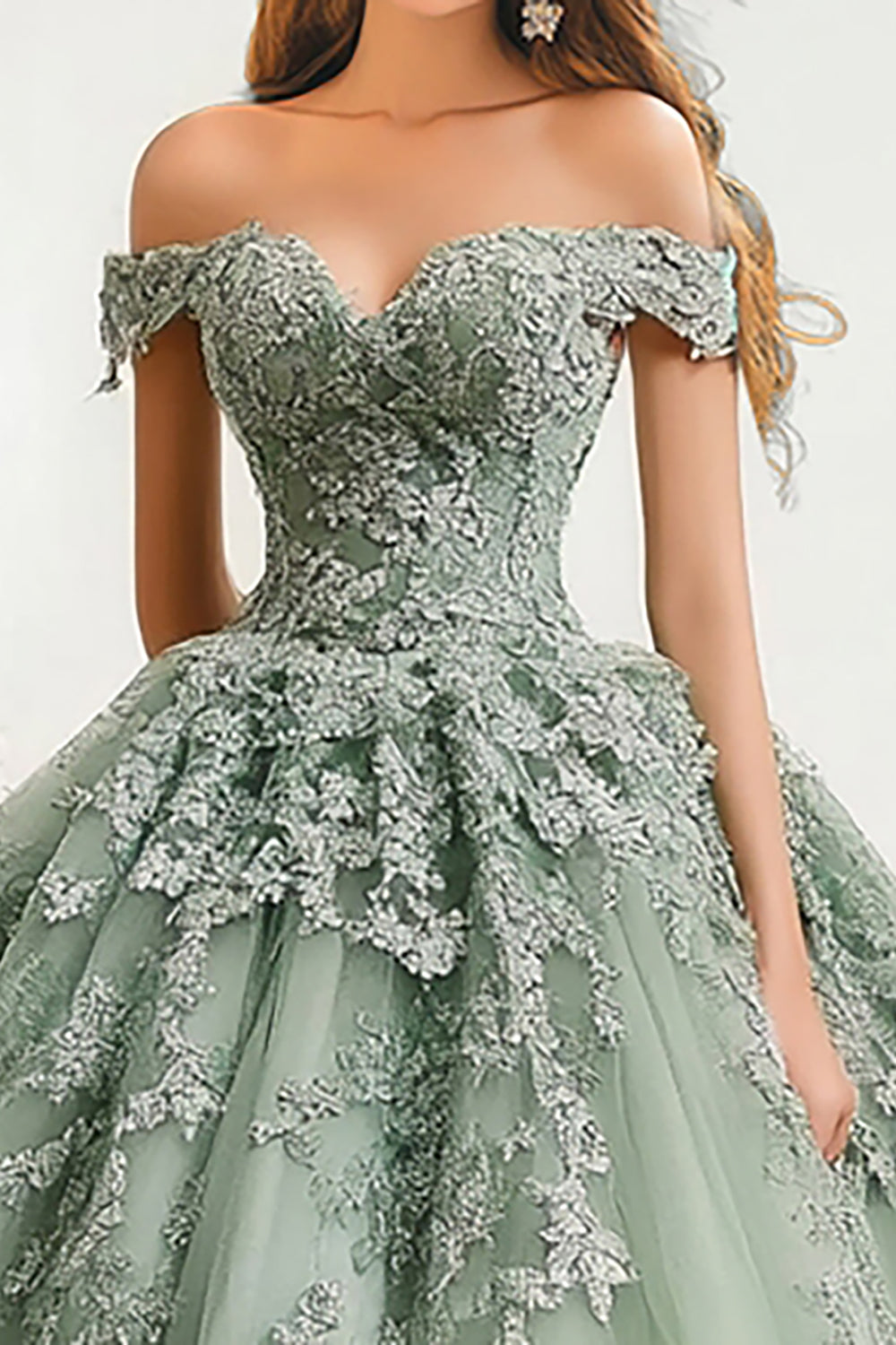 Dusty Sage Maxi Ball Gown Off The Shoulder Tulle Appliqued Quinceanera Dress