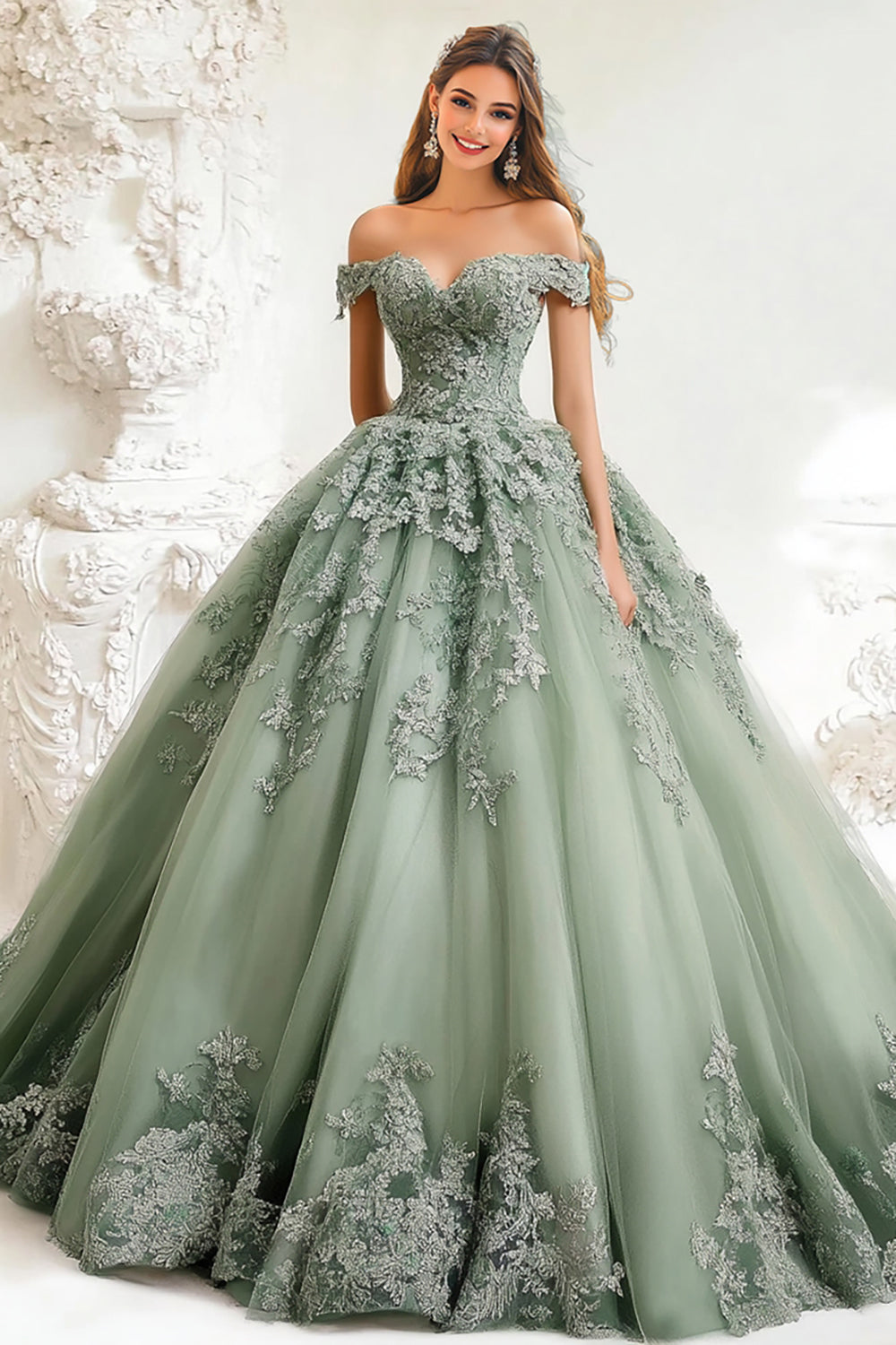 Dusty Sage Maxi Ball Gown Off The Shoulder Tulle Appliqued Quinceanera Dress