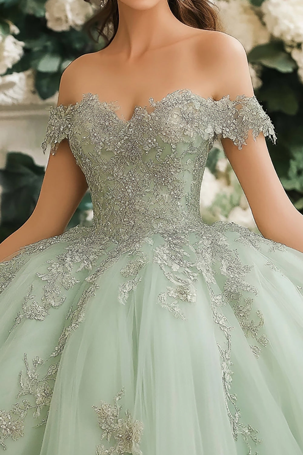 Dusty Sage Off The Shoulder Sweetheart Appliqued Tulle Quinceanera Dress