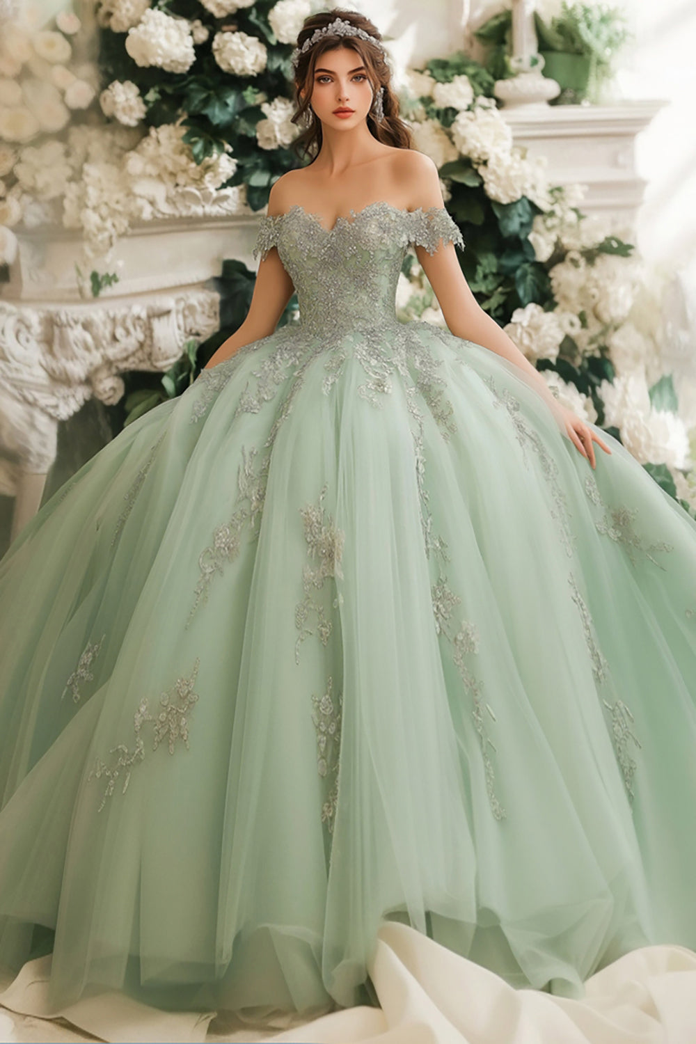 Dusty Sage Off The Shoulder Sweetheart Appliqued Tulle Quinceanera Dress