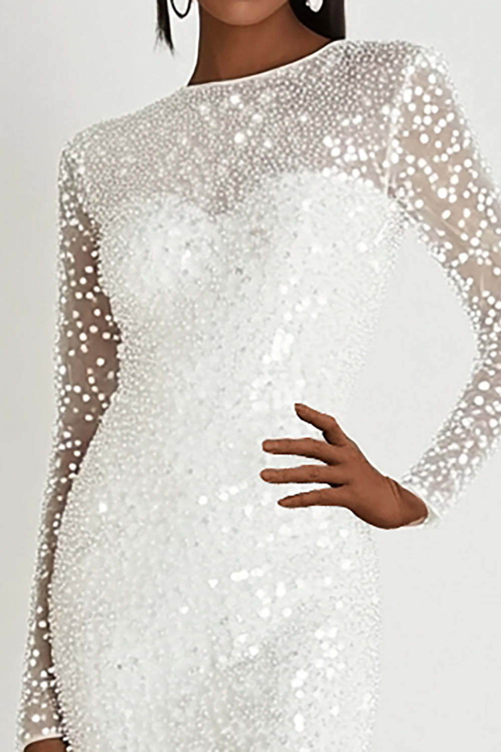 Sparkly White Bodycon Graduation Dress with Long Sleeves
