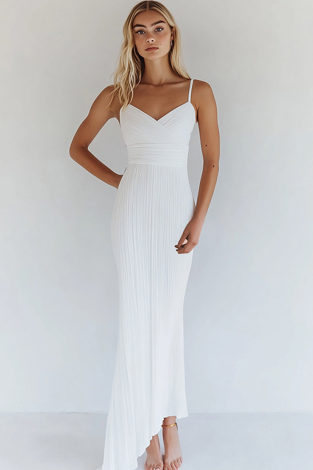White Spaghetti Straps Ankle Length Graduation Dress