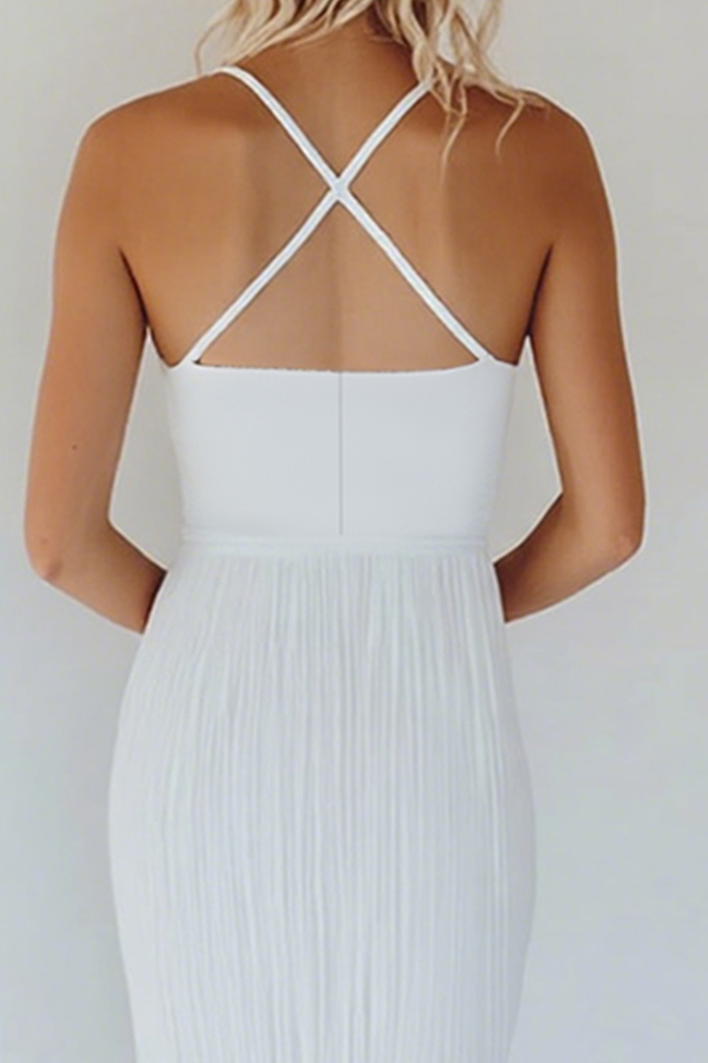 White Spaghetti Straps Cut Out Ankle Length Graduation Dress