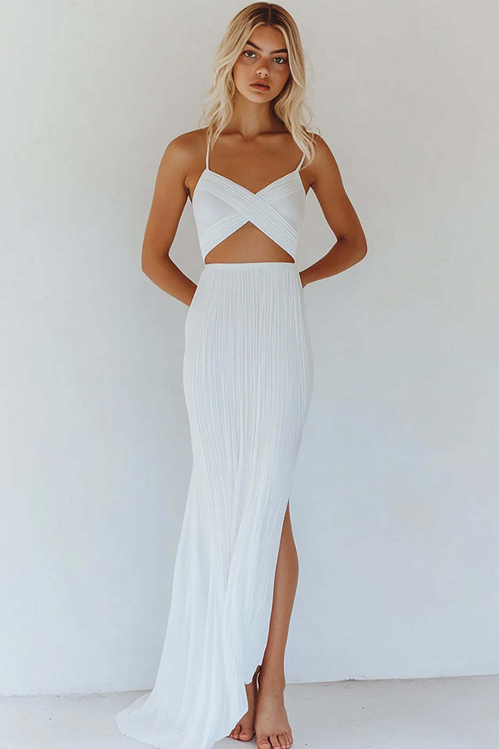 Leely Women White Cut Out Ankle Length Graduation Dress Spaghetti Straps Sheath Little White Dress