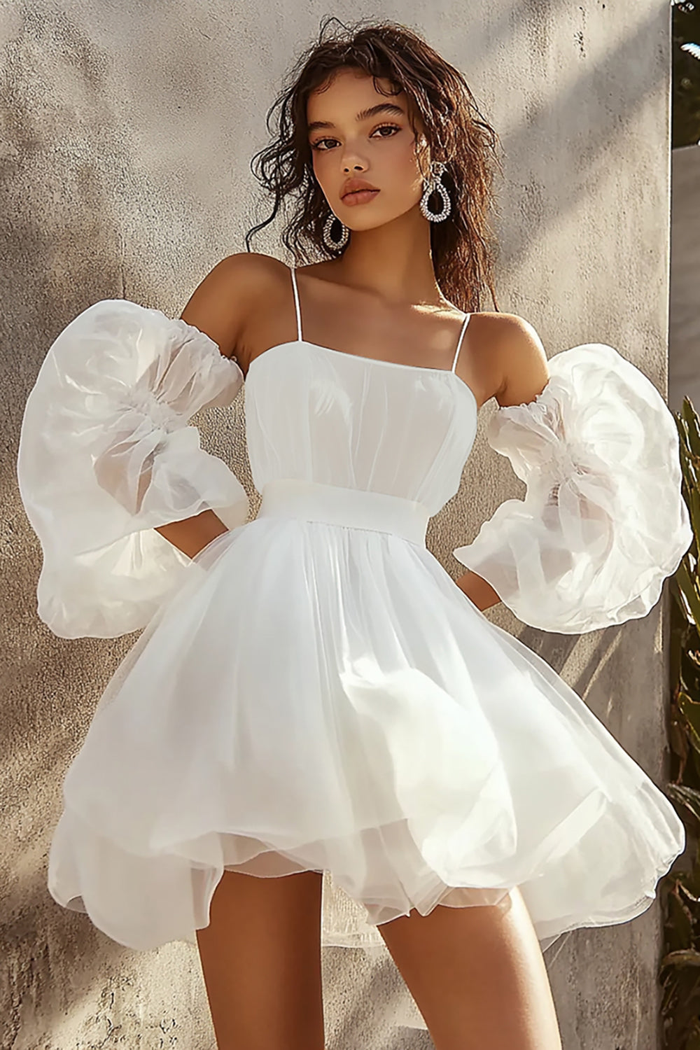 White Spaghetti Straps Short A Line Graduation Dress with Puff Sleeves