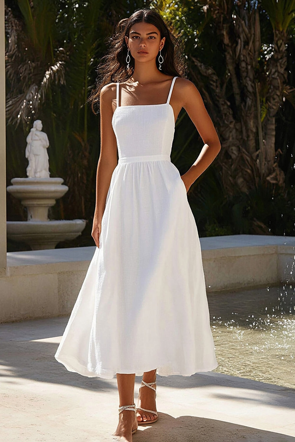 White Ankle Length Spaghetti Straps A Line Graduation Dress