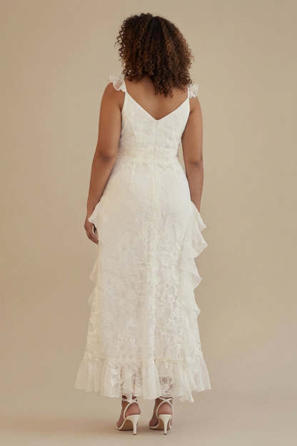White Lace Deep V-Neck Plus Size Engagement Dress with Ruffles